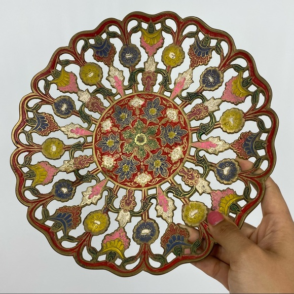 Vintage Brass Painted Engraved Ornamental Decor Dish - Picture 8 of 8